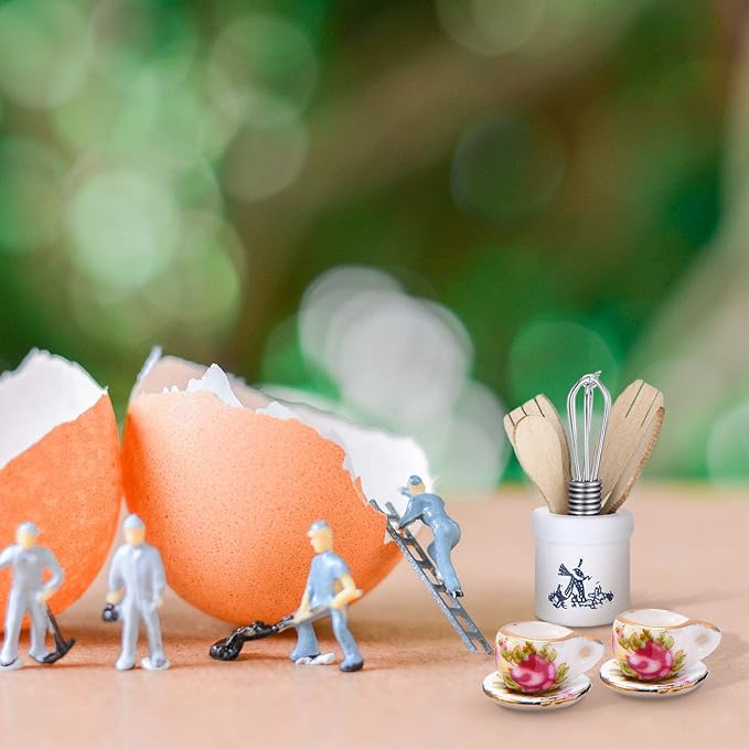 Skylety 37 Pieces 1:12 Scale Miniatures Dollhouse Kitchen Accessories Include 16 Plates Knife Fork Spoon, 6 Egg Beater Utensil, 15 Tea Cup Set(Red Rose)