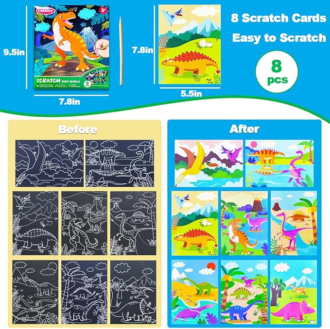 JUNQIU Scratch Art for Kids, Dinosaurs Black Rainbow Scratch Art Paper Set-Arts and Crafts & Supplies, DIY Activity & Party Games, Gifts for Toddlers, Girls & Boys Ages 3, 4, 5, 6, 7, 8