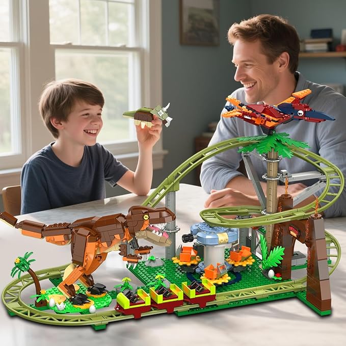 HOGOKIDS Dinosaur Roller Coaster Building Set - 1222 PCS Roller Coaster Building Toy with 4 Dinosaur, Off-Road Vehicle, Food Cart, Dinosaur Models Playset, Gifts for Adults Girls Boys Ages 8-12 Years