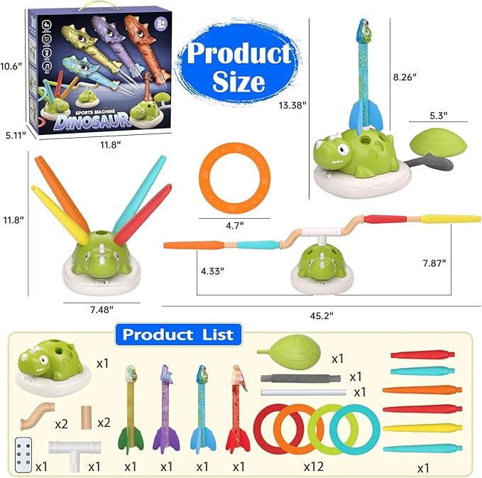 Indoor Outdoor Games for Kids, 3 in 1 Musical Jump, Ring Toss Game & Stomping Rocket Launcher for Kids, Dinosaur Sports & Outside Play Activities Toys with Remote Control for Toddlers 4-8