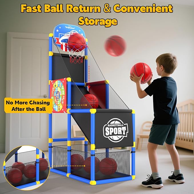 EagleStone 2-in-1 Kids Arcade Basketball Hoop with Dart Board,4 Balls Adjustable Height Basketball Toy Indoor Outdoor Carnival Games Gift for Boys Girls Toddlers Ages 3-6 Years Old,Pump Included