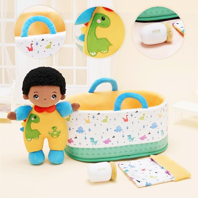 OUOZZZ 10" Soft Black Baby Boy Doll Set, Baby Doll Accessories Pretend Playset for Social Emotional Learning, Birthday Gift for 2 Year Olds Boy