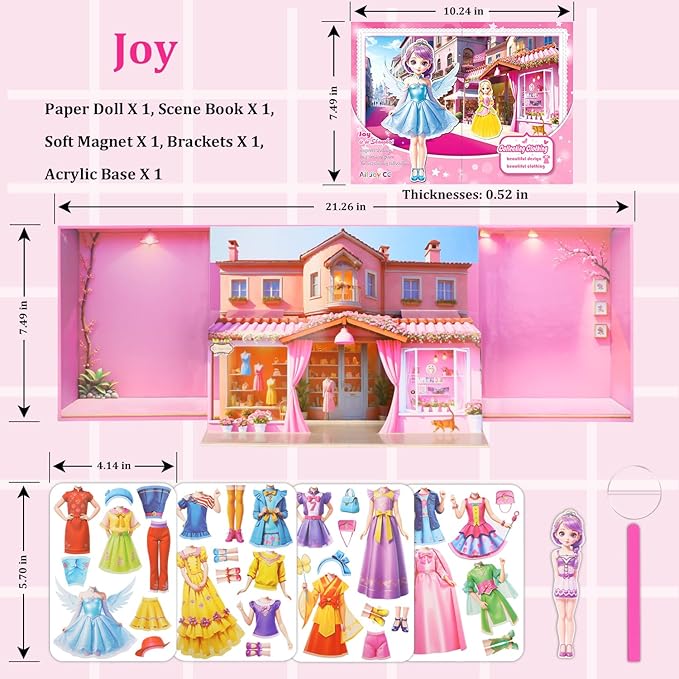 Yuzee Magnetic Dress Up Paper Dolls for Girls Ages 4-7 Princess Game Toys, Magnetic Doll Dress Up Kit Includes 1 Paper Doll and 33 Clothing Accessories with 3D City Building Mall, Girls Dress Up Game