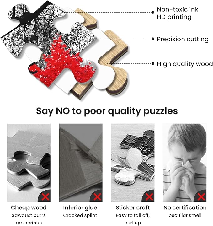 najiaxiaowu Adult Puzzle Classic Jigsaw Puzzle 1000 Pieces Wooden Puzzle DIY Black and White Bridge and Red Tree Modern Home Decor Intellectual Game Wall Art Unique Gift 75x50cm