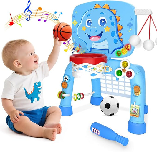 Toys For 1 Year Old Boy - Toddler Basketball Hoop&Soccer Goal&Baseball Sport Activity Center,Montessori Sensory Musical Toy With Light,Christmas Birthday Gift for Age 12-18 Month(Sky Blue Dinosaur)