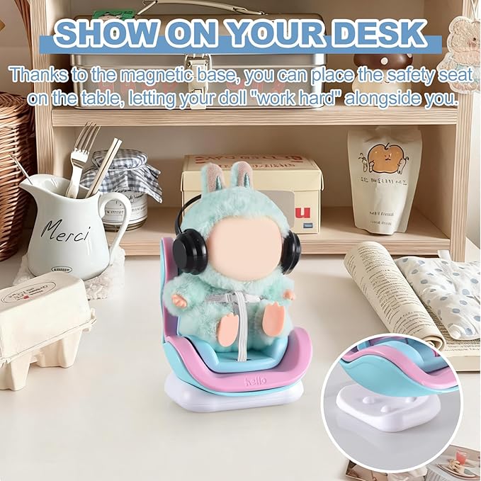 Doll Car Seat, Car Seat for 10-17cm Dolls, Including Air Vent Clip, Desktop Stand, Adjustable Strap, Airflow-Friendly Design, Ideal Car Decor Gifts(Pink Blue)