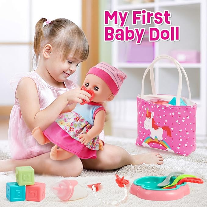 Golray 12in Girl Baby Doll Crib and High Chair Set - Sound&Pee Interactive Baby Doll with 20pcs Accessories Diaper Bag/Cradle/2 Clothes, Feeding Nursery Pretend Play Toddler Girl Toy Gift 3 4 5 6 Year