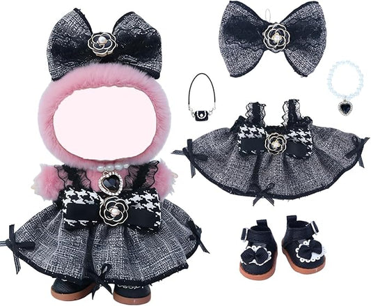 17cm Doll Clothes Sets(No Doll) Black Dress Outfits Handcrafted Designer Clothing Including Dress,Shoes,Bow Hair Accessory,Bag,Black Necklace for Easter