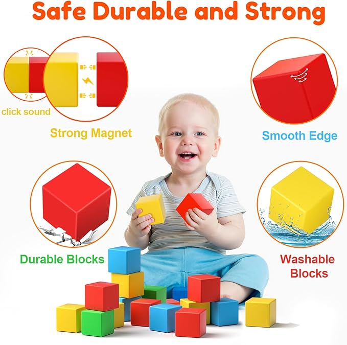 Magnetic Blocks,1.42 inch 32pcs Large Magnetic Building Block for Toddlers 3 4 5 6 7 8 Year Old Boys Girls Color Magnet Cubes Learning Toys for Kids 1-3 Sensory Toys Age 4-8 Christmas Birthday Gifts