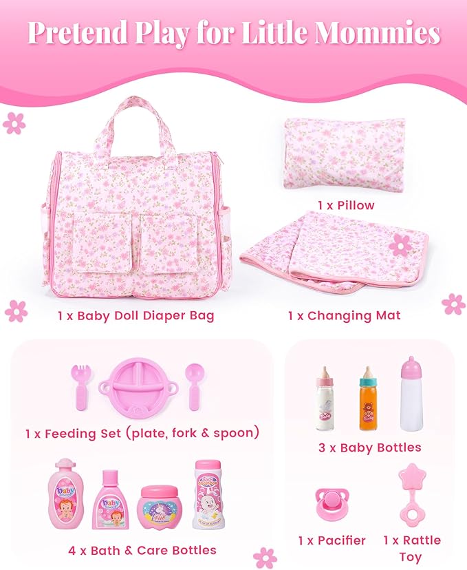 BABESIDE 10 Pcs Baby Doll Diaper Bag Set – Reborn Baby Doll Accessories with Changing Pad, Feeding Bottles, Care Set– Diaper Bag Toys for Baby Dolls up to 21 Inches, Gift for Girls Ages 3 and Up