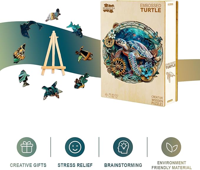Wooden Jigsaw Puzzles, Embossed Turtle Wooden Puzzles for Adults with Unique Shape, Adult Jigsaw Puzzle, Birthday Gifts for Adults, 8.5"x8.4"-100pcs