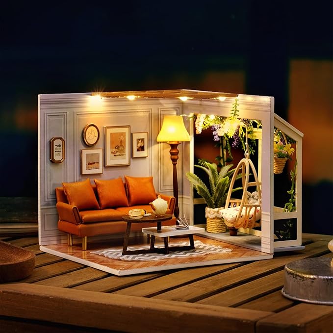 TuKIIE DIY Miniature Dollhouse Kit with Furniture, 1:24 Scale Creative Room Mini Wooden Doll House Accessories Plus Dust Proof for Kids Teens Adults(Warm Moment)