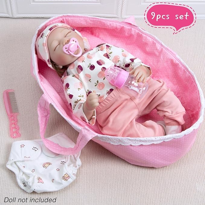 9 Pcs Reborn Baby Doll Accessories Pink Clothing Set with Bassinet for 17-22 Inch Reborn Baby Dolls Clothes Girl Cute Apple Patterns