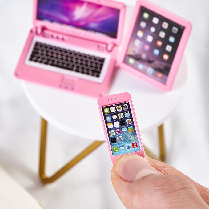 1/12 Dollhouse Furniture Decor Laptop Accessories, 1/6 Scale Minature Tablet Smart Phone Mini Stuff Doll House Furniture Play Set Accessories 3 Pcs (Pink)