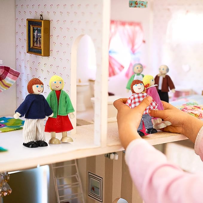 Jzszera Wooden Dollhouse Family Set of 7, Mini Figures for Pretend Play, Classic Doll House Accessories for Kids & Toddlers