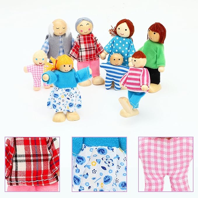 ONEST 15 Pieces Wooden Dollhouse Family Set Mini People Figures Sets Dollhouse Dolls Wooden Doll Family Pretend Play Figures Accessories for Pretend Doll House