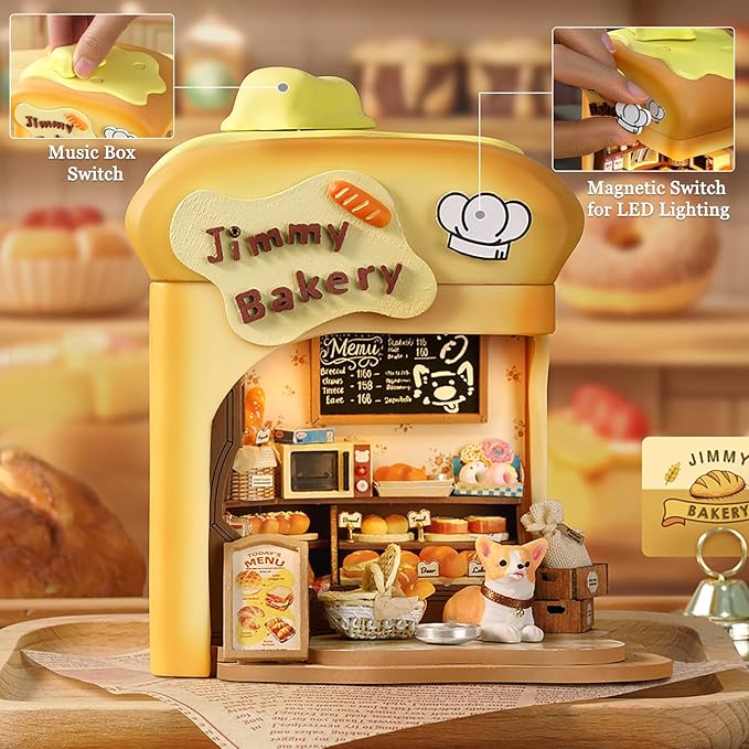 TuKIIE DIY Miniature House Kit with Furniture, 1:100 Scale Creative Room Mini Wooden Dollhouse Book Nook Plus Music Movement for Kids Teens Adults(Bakery Shop)