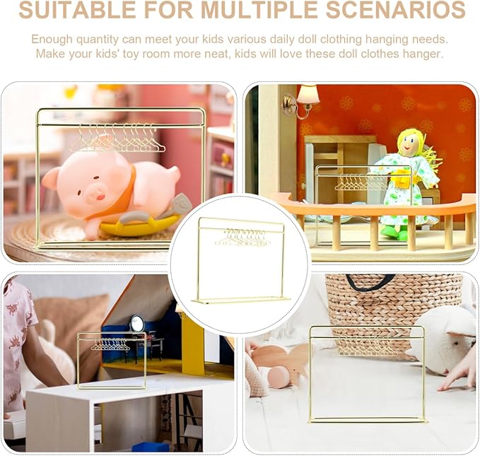 STOBOK Miniature Doll Garment Rack Set Mini Doll Dress Clothing Display Rack with 10Pcs Mini Dollhouse Clothes Hangers for Dollhouse Furniture Accessories Supplies, Golden