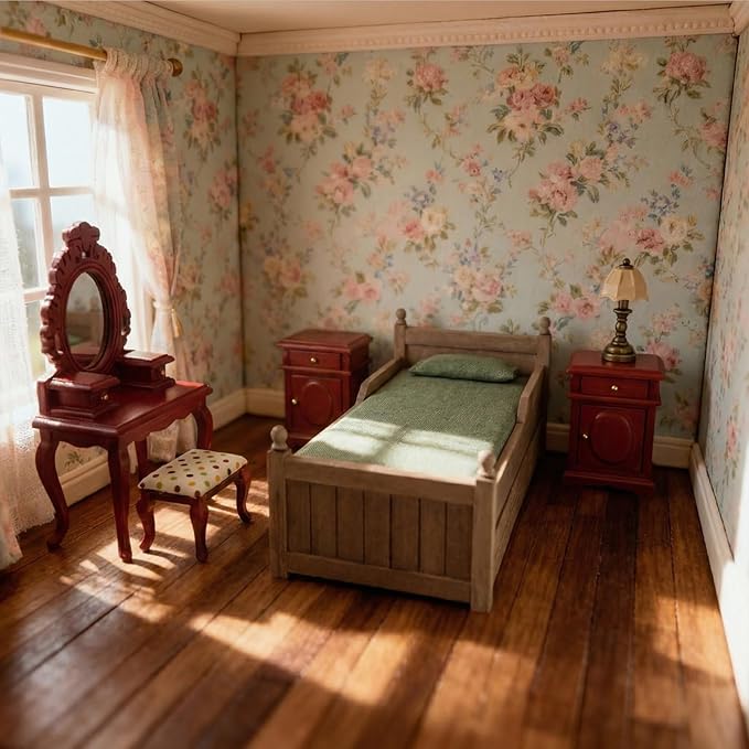 Dollhouse Miniature Bed with Drawer 1:12 Wooden Furniture European Bedroom Bedding Furniture Accessories with Pillow & Mattresses Vintage Floral Fabric Mini House Decoration (Brown)