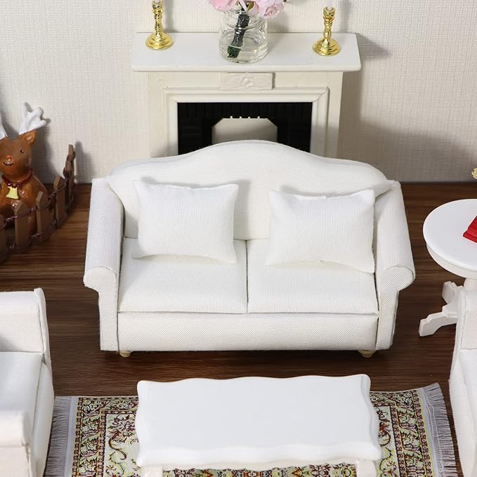 Dollhouse Couch Miniature Sofa with Pillows Dollhouse Living Room Funiture 1:12 Scale Model 3 Pcs High Simulation Upholstered Wooden Fabric Armchair Mini Room Artificial House Scene Decoration (White)