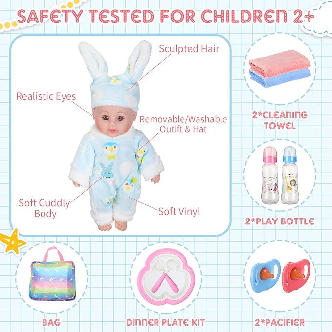 Jerify 10 Pcs Realistic Twin Baby Dolls Toy Set Include 2 Pcs 12 Inch Baby Dolls, Feeding Set, Pacifiers, Doll Diapers, Bags, Milk Bottles Removable Outfit for Toddler Kids 6+ Gift(White)