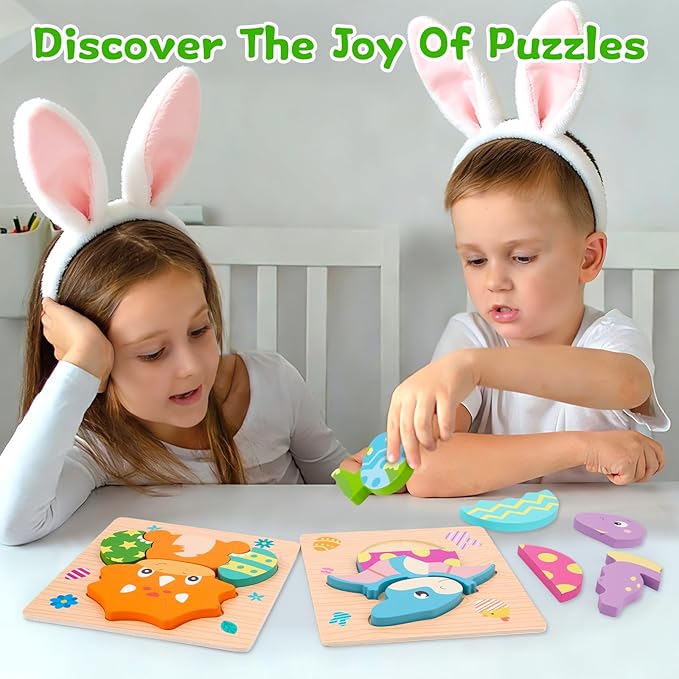 Easter Wooden Puzzles for Kids Toddlers,4 Pack Dinosaur Easter Puzzle,Easter Basket Stuffers Party Favors,Fun Dinosaur Puzzle Toy Gifts for Toddlers Kids Girls Boys