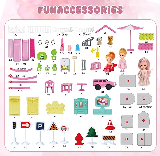 Doll House with Lights&Track Car Toy Set,Princess Dollhouse for Girls, 3 Dolls, Pets, Car, Furniture and Accessories, Design and Build Gift for 3 4 5 6 7 8+ Year Old Girls