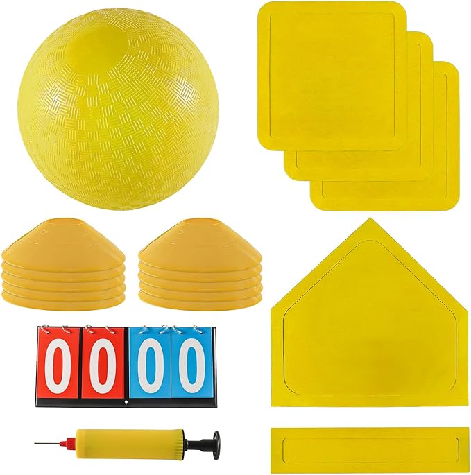 Kickball Set with Bases and Ball - 8.5" Kickball, Rubber Throw Down Bases, Sports Traning Cones, 12" Pump and 14" Scoreboard - Perfect for Kids and Adults - Playground and Backyard Game