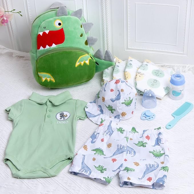 11 Pcs Reborn Baby Doll Clothes Boy Dinosaur Outfit Accessories for 17-22 Inch Reborn Boy Dolls 20 Inch Newborn Baby Boy Clothes Green Accessories with Backpack