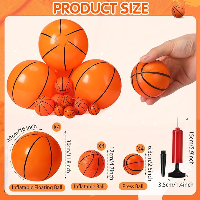 Realspring 13 Pack Basketballs Set Include Inflatable Basketballs 16 Inch, Rubber Sport Ball 4.7 Inch, Small Squeeze Sport Ball for Fun Outdoors and Backyard Pool Basketball Party Favors, Include Pump