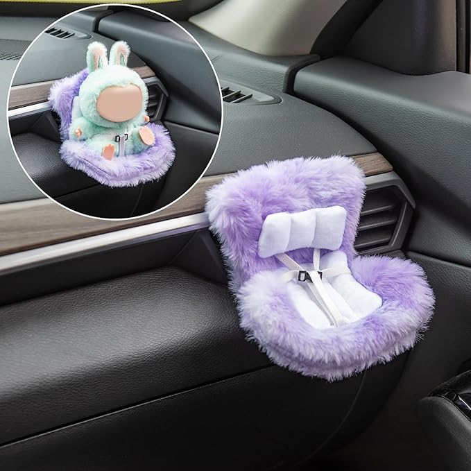 Doll Car Seat Compatible with Bubudoll, Small Seat for 10-17cm Blind Box Toys, Including Air Vent Clip, Desktop Stand, Adjustable Safety Strap, Airflow-Friendly Design, Ideal Car Decor Gifts(Purple)