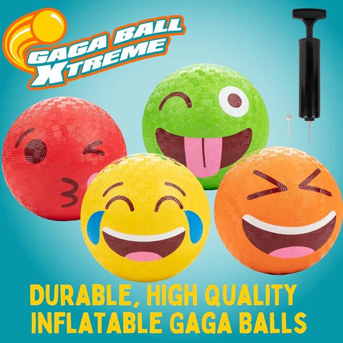 Silly Faces Playground Balls for Kids – 5 Inch Gaga Balls (4 Pk w Air Pump) – Durable Rubber Balls for Dodgeball, Handball, 4 Square, Outside School Recess Games, Kickball - Kids Easter Basket Stuffer