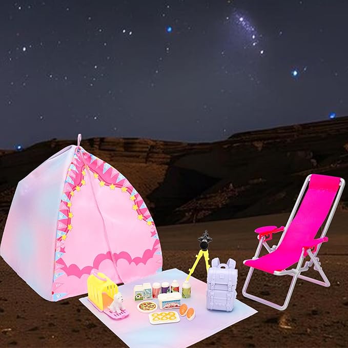 34 Pcs Doll Travel Camping Tent Playset for 11.5 Inch Girl Dolls Includes Clothes, Tent, Telescope, Backpack, Sleeping Bag & Other Camping Accessories for Dolls Travel Camping Toy Set（NO Doll）