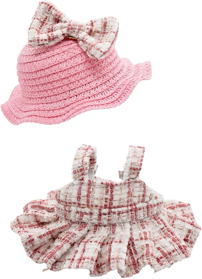 Doll Clothes for 17cm Dolls, Premium Handmade Fashion Clothes 3 Piece Set Including a Weaving Hat, Clothes and Bow with High-End Dolls Accessories for Play & Display - Pure Pink (No Doll No Logo)