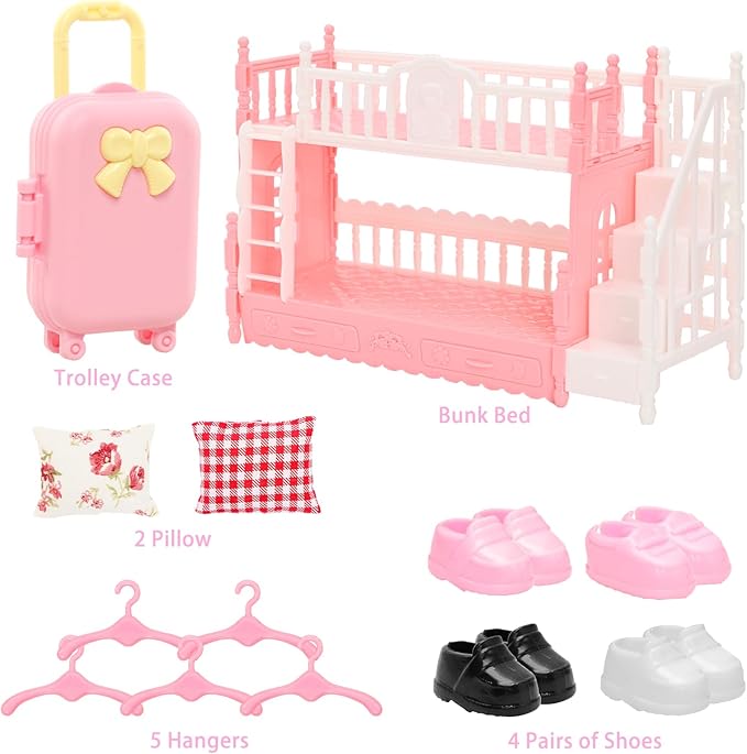 Miunana 24 Pcs Doll Clothes and Accessories 3 Princess Dresses 3 Sets Top and Pants 2 Swimsuits 4 Shoes Dollhouse Mini Bunk Bed Travel Suitcase with 2 Pillows, 5 Hangers for 5.3 Inch Dolls