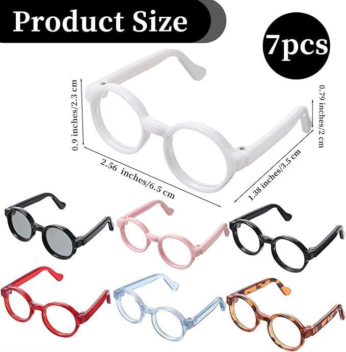 7 PCS Doll Glasses Set Cute Plastic Doll Dress up Sunglasses Eyeglasses Mini Costume Accessories 6.5cm Clear Eye Glasses Supplies for Figures Collectors Display Decoration 7 Colors