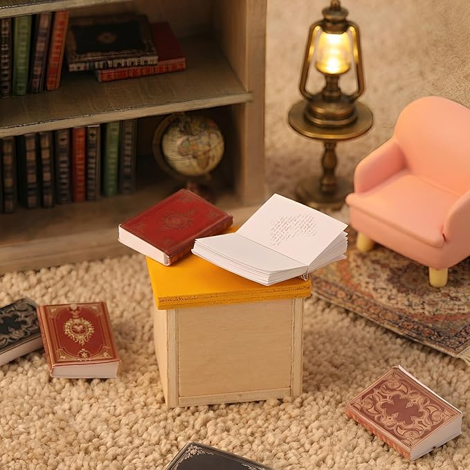 36 Pcs 1:12 Scale Miniatures Dollhouse Books and 1 Wooden Bookcase,4 Floors Furniture Display Bookshelf Cabinet Mini Assorted Books,Dollhouse Decoration Accessories for Home Bedroom