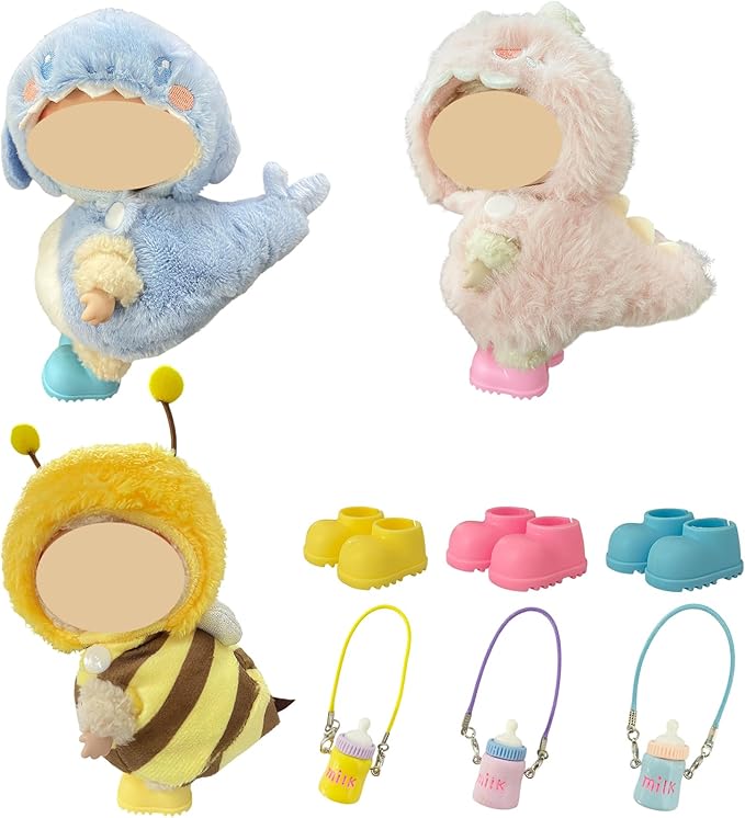 Ezcora 3PCS Animal Costume Outfits for 17cm Dolls, Include Blue Shark, Pink Dinosaur and Yellow Bee Clothes with Shoes and Mini Bags, Cute Dress Up Accessories for Plush, (No Dolls)