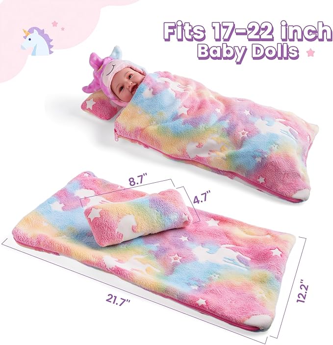 BABESIDE 2 Pcs Reborn Baby Doll Bedding Set for 12-17 Inch Dolls, Cute Animal & Star Pattern Doll Blanket and Pillow Set, Soft Bedding for Pretend Play and Dollhouse Accessories