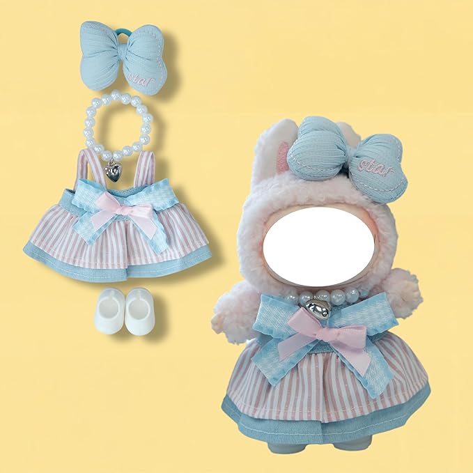 Clothes for 17cm Doll, 4 pcs Set Doll's Outfits Luxury Dress Skirt Butterfly Bow Headset Shoes Accessories Fashion Stylish Adorable Dolls Clothes (No Doll) (Bowknot Skirt Blue)