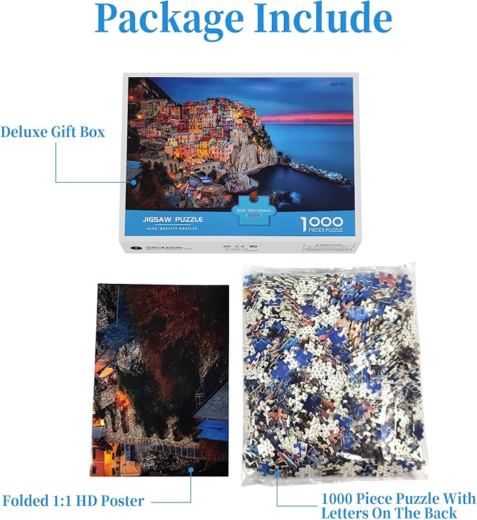 CHengQiSM 1000 Piece Puzzle for Adults, Dusk at Cinque Terre Puzzles for Adults 1000 Pieces, Italy Jigsaw Puzzle for Adults Teens Seniors, Premium Thick Cardboard, Finished Size 27.6 x 19.7 inches