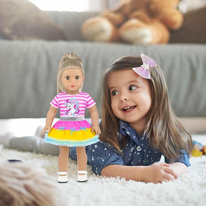 ECORELF 18 Inch Amercian Doll Clothes, 2 Set Girl Doll Clothes and Accessories for 18 Inch Dolls 7 Pcs Include Dress, Hair Clip , Phone, Shoes, Sticker, Top and Mini Skirt