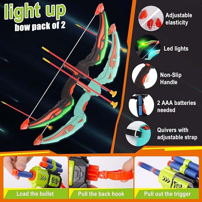 TWFRIC 2 Pack Bow and Arrow for Kids - LED Light Up Archery Set with 16 Arrows, 1 Standing Target & 2 Quivers - Fun Indoor/Outdoor Toy for Boys & Girls Aged 3-12