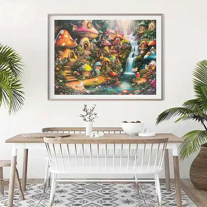 Mushroom Castle 1000 Piece Puzzle for Adults,Mushroom Garden Waterfall Puzzles for Adults 1000 Pieces,Challenging and Hard Difficult Mosaic Jigsaw Puzzles Toy Games 1000Pieces 27.5 X 19.7inch
