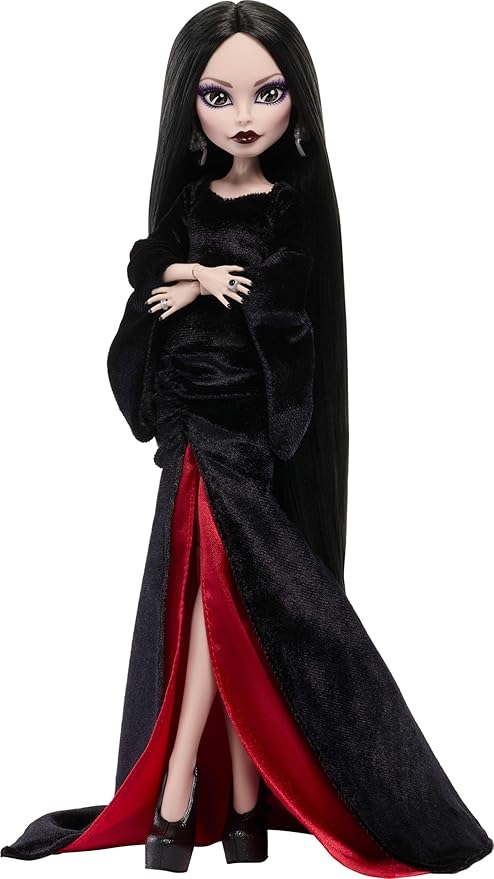 Monster High x Wednesday Doll, Morticia Addams Collectible in Black and Crimson Velvet Dress with Jewelry, Show-Inspired Heels and Doll Stand