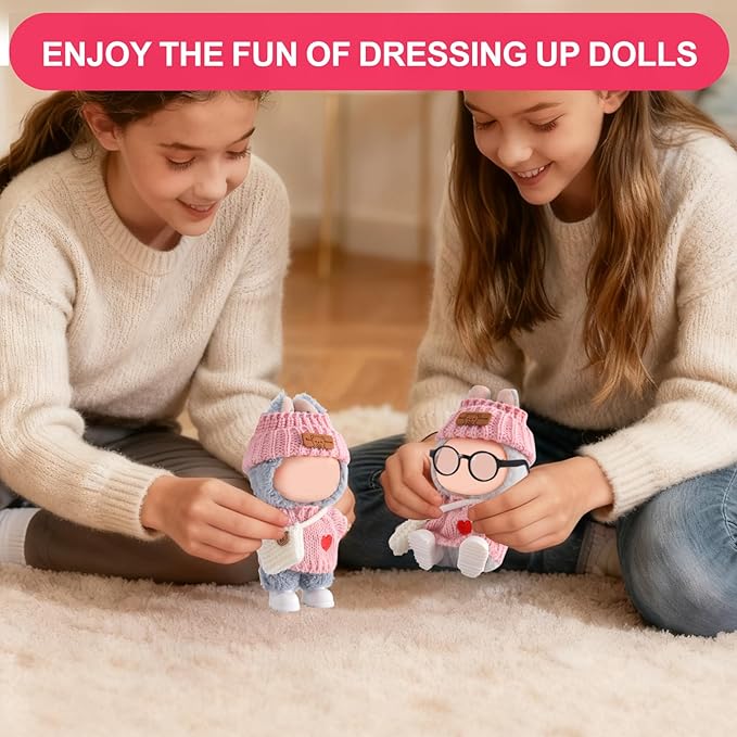 Doll Clothing for Labubu, Premium Outfits for Labubu Dressing up, Handcrafted Crochet Doll Accessories for Labubu with Sweater, Hat, Glasses, Small Bag, Boots(Pink)