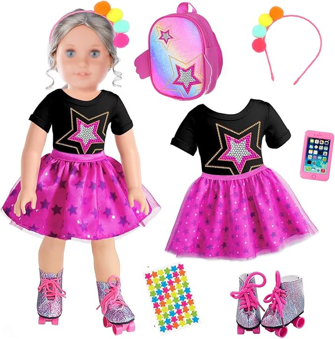 18 Inch Girl Doll Clothes & Accessories - Dress, Bag, Skating Shoes, Headband, Mobile Phone