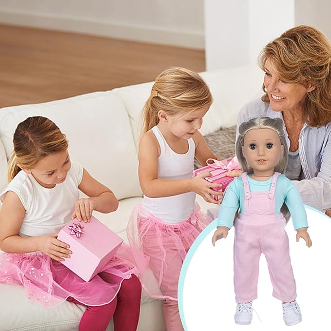 18 Inch Doll Clothes and Accessories, 4 Pcs 18 inch Girl American Doll Clothes Set Include Long Sleeves Pink Overalls Socks and Mermaid Backpack Birthday for Girls (No Doll)
