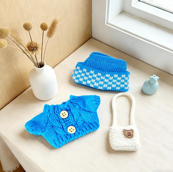17cm Doll Clothes Set for Lububu,Cute Outfits with Hand-Crocheted Blue Sweater , Hat and Mini Bag, Designer Clothing and Accessories for 15cm Have a Seat Series Doll Display and Dress-Up