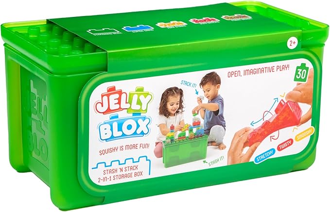 Jelly Blox Stash 'N Stack 2-in-1 Storage Case with 30 Blocks | Toddler & Preschool Building Blocks Kids Can Squeeze & Stretch | MESH ACCREDITED | Safety Tested & Ouch-Free | Sensory Play Toy Ages 2+